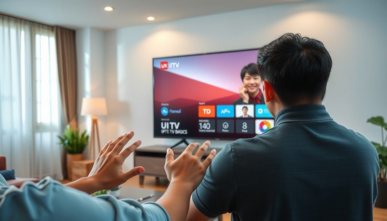 유플러스티비베이직 - Korean family upper body shot with face visible, watching U+ IPTV TV Basic service on large smart TV in modern living room, natural expressions