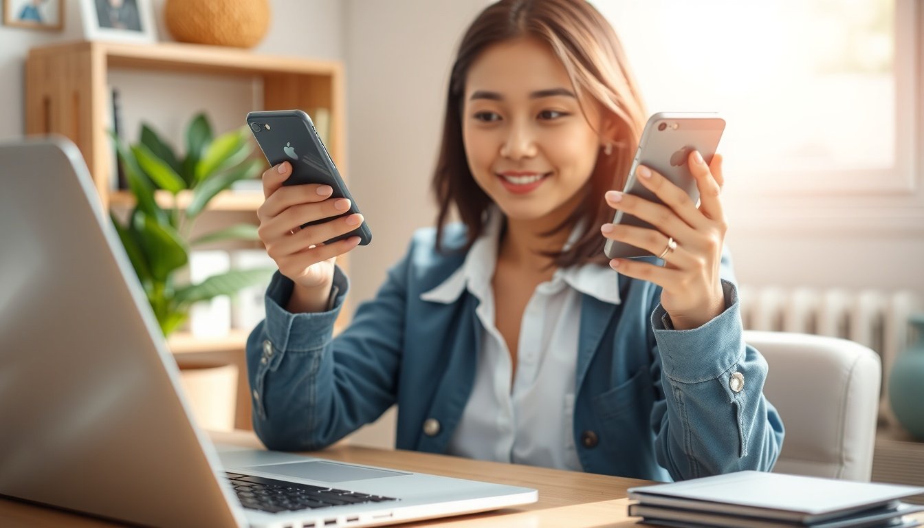 스레드 수익화 - Korean woman upper body shot with face visible, using laptop and smartphone for social media content creation, natural hands, bright home office
