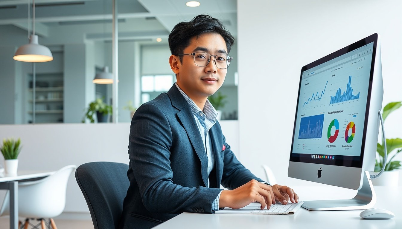 검색광고마케터 - Korean professional upper body shot with face visible, sitting at desk analyzing digital marketing data on monitor, natural hands, modern office background