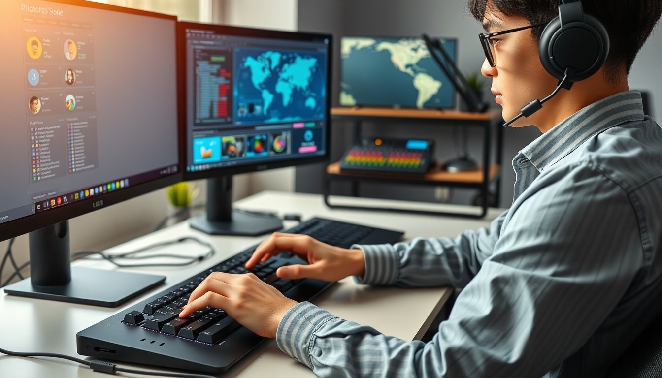 버츄얼리깅 - Korean professional upper body shot with face visible, using 3D rigging software on dual monitors in a studio, natural hands on keyboard