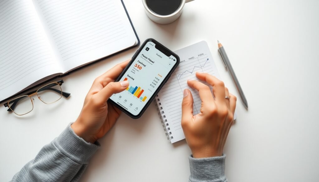 에이블리선정산 - flat lay of smartphone showing fashion app dashboard and notebook with sales data on white desk, Ably seller settlement concept