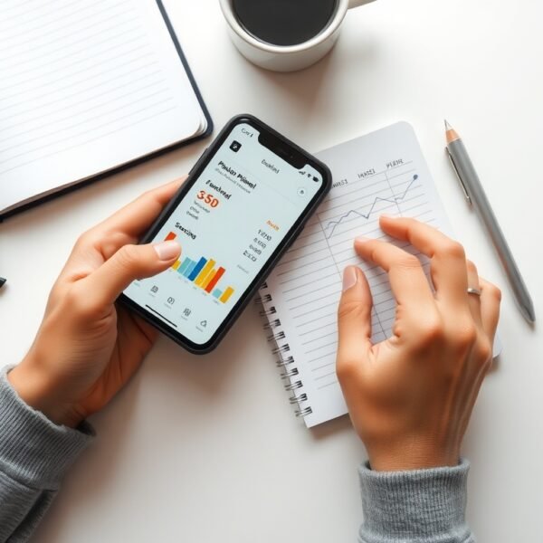 에이블리선정산 - flat lay of smartphone showing fashion app dashboard and notebook with sales data on white desk, Ably seller settlement concept