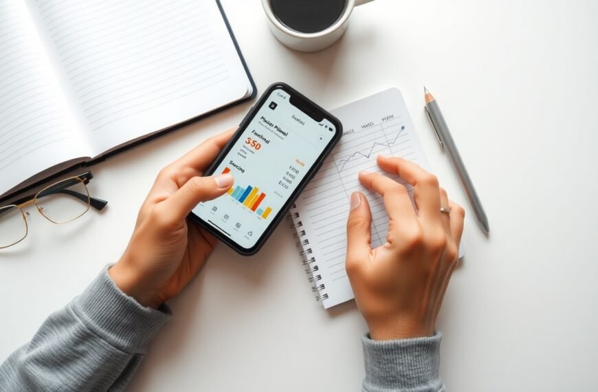 에이블리선정산 - flat lay of smartphone showing fashion app dashboard and notebook with sales data on white desk, Ably seller settlement concept