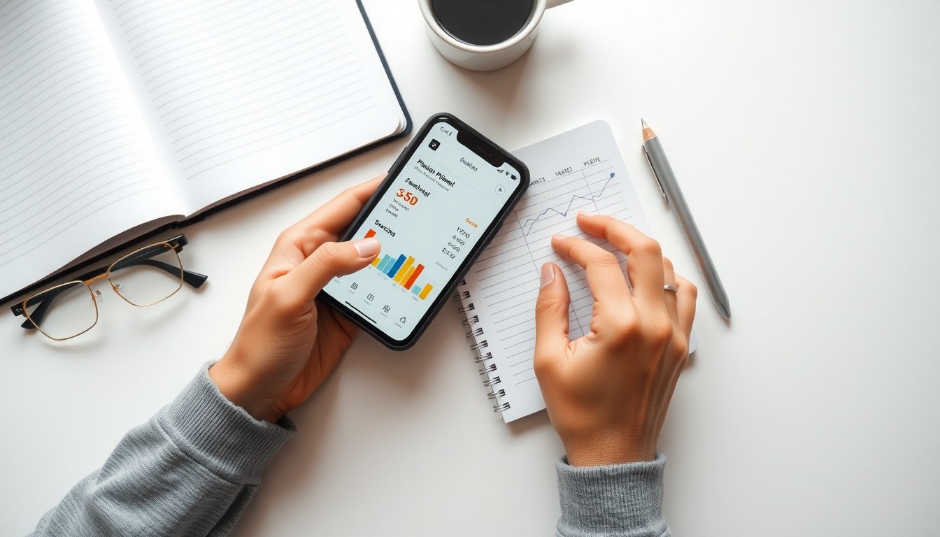 에이블리선정산 - flat lay of smartphone showing fashion app dashboard and notebook with sales data on white desk, Ably seller settlement concept