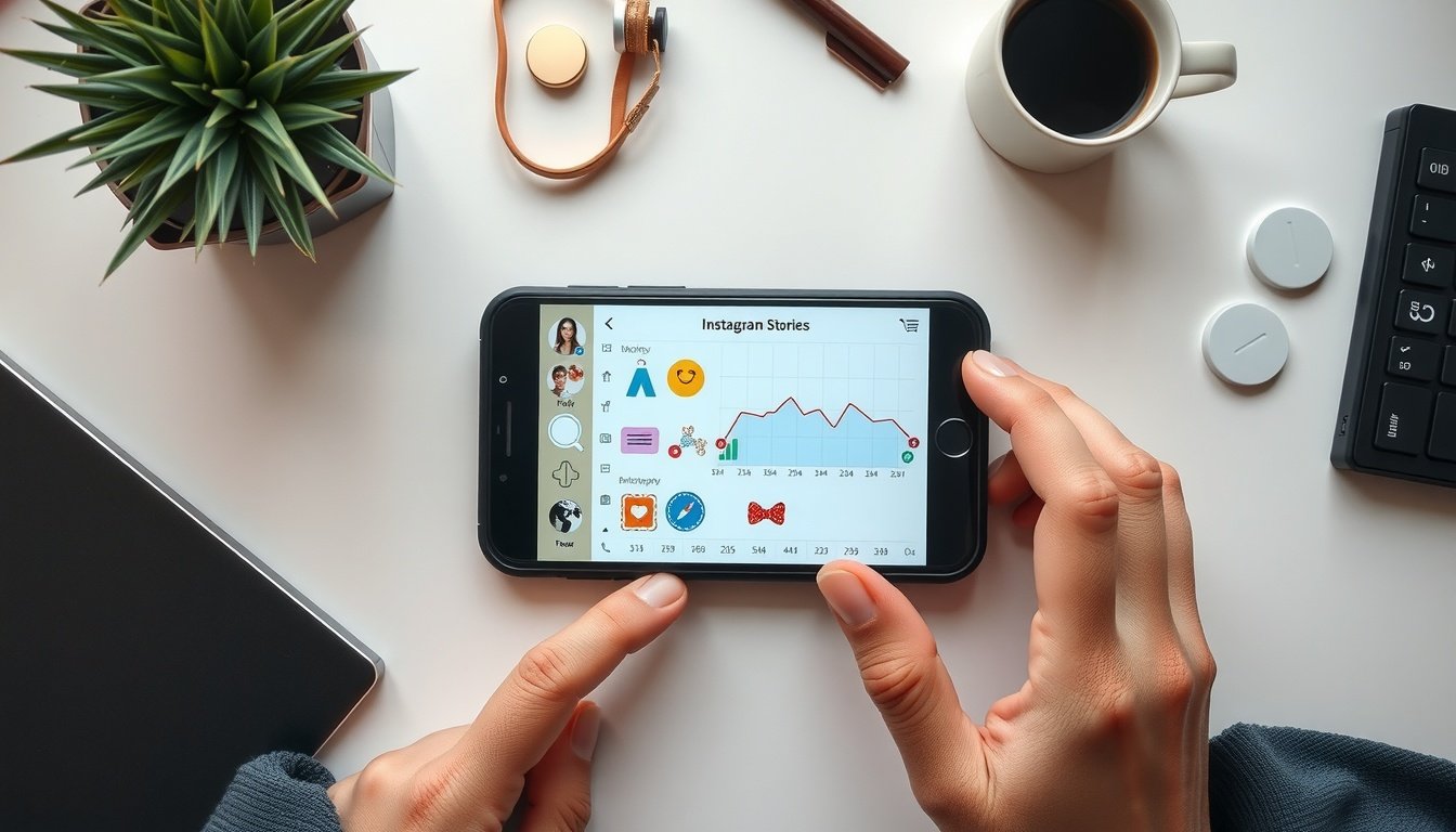 인스타 스토리 - flat lay of smartphone with Instagram Stories open, colorful stickers and analytics graph visible, digital nomad marketing concept, overhead view