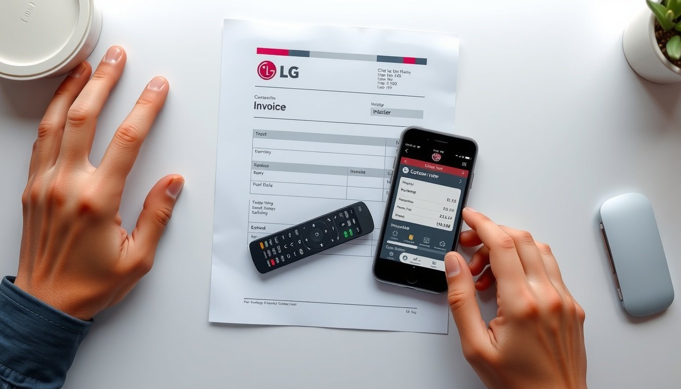 유플러스티비베이직 - flat lay of LG Uplus TV Basic remote control, invoice paper, and smartphone showing customer center app on clean white desk, overhead view