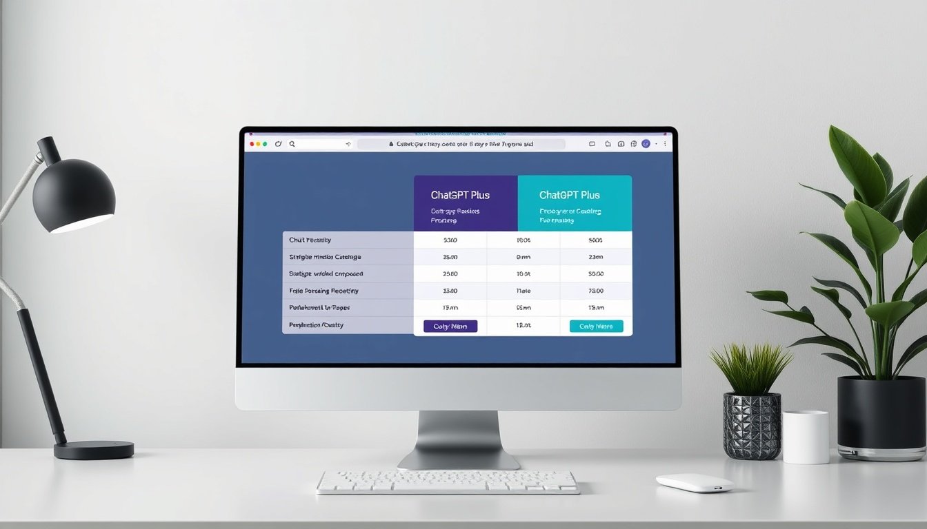 Perplexity AI Pro and ChatGPT Plus pricing plans comparison chart on a computer screen