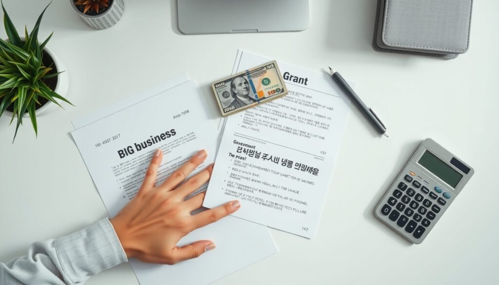 자영업자 지원금 지원금 - flat lay of Korean small business documents, cash, and calculator on white desk, government support grant concept