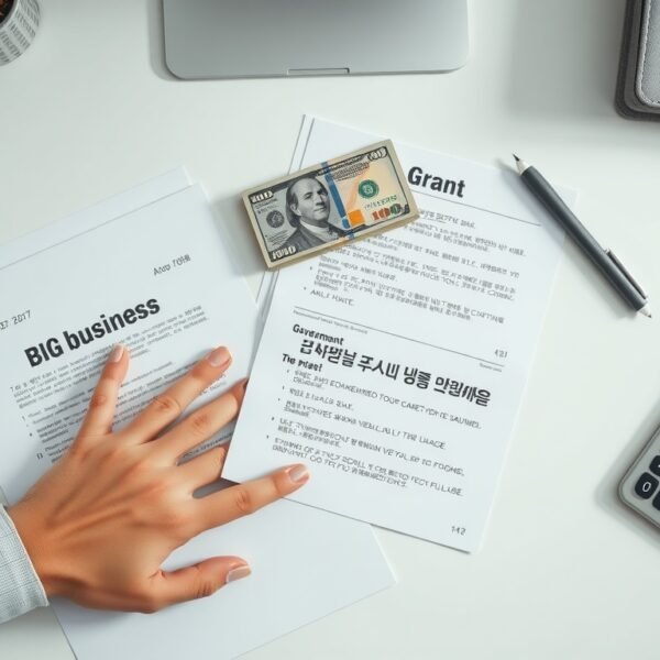 자영업자 지원금 지원금 - flat lay of Korean small business documents, cash, and calculator on white desk, government support grant concept