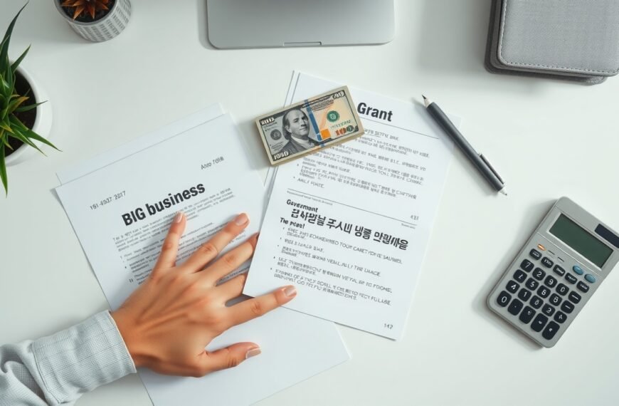 자영업자 지원금 지원금 - flat lay of Korean small business documents, cash, and calculator on white desk, government support grant concept