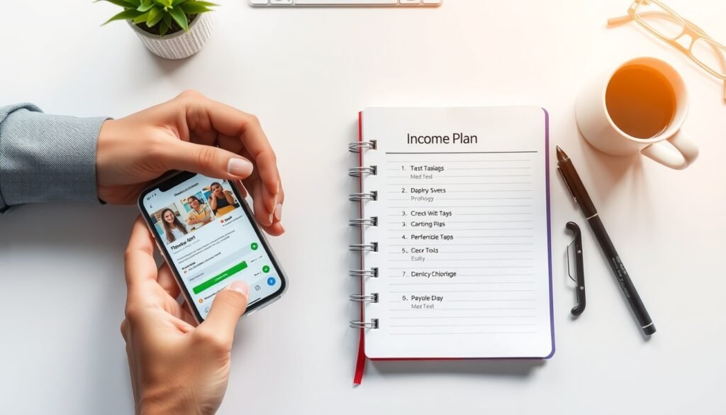 무료챗GPT로 부업 수익 내는 방법 - flat lay of smartphone showing ChatGPT interface and notebook with income plan on white desk, free ChatGPT side income concept