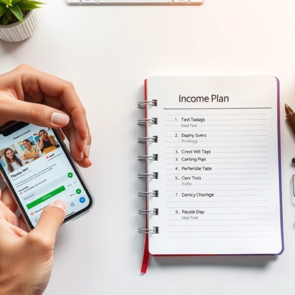 무료챗GPT로 부업 수익 내는 방법 - flat lay of smartphone showing ChatGPT interface and notebook with income plan on white desk, free ChatGPT side income concept