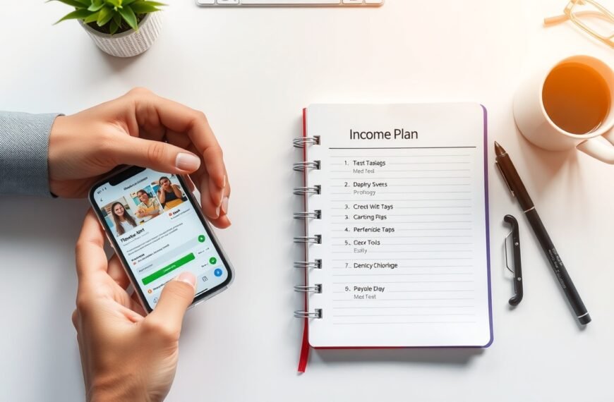 무료챗GPT로 부업 수익 내는 방법 - flat lay of smartphone showing ChatGPT interface and notebook with income plan on white desk, free ChatGPT side income concept
