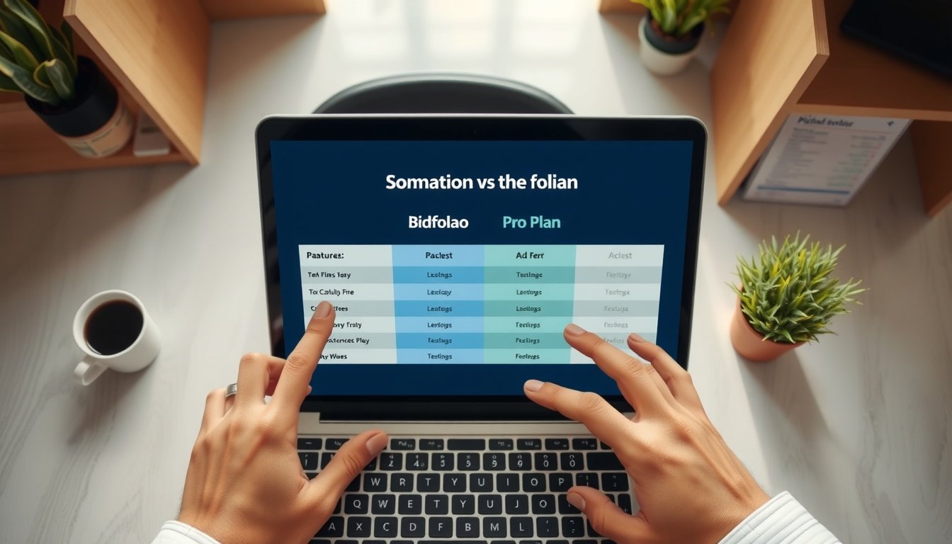비드폴리오 - comparison table of Bidfolio free vs pro plan features on laptop screen, flat lay style overhead view