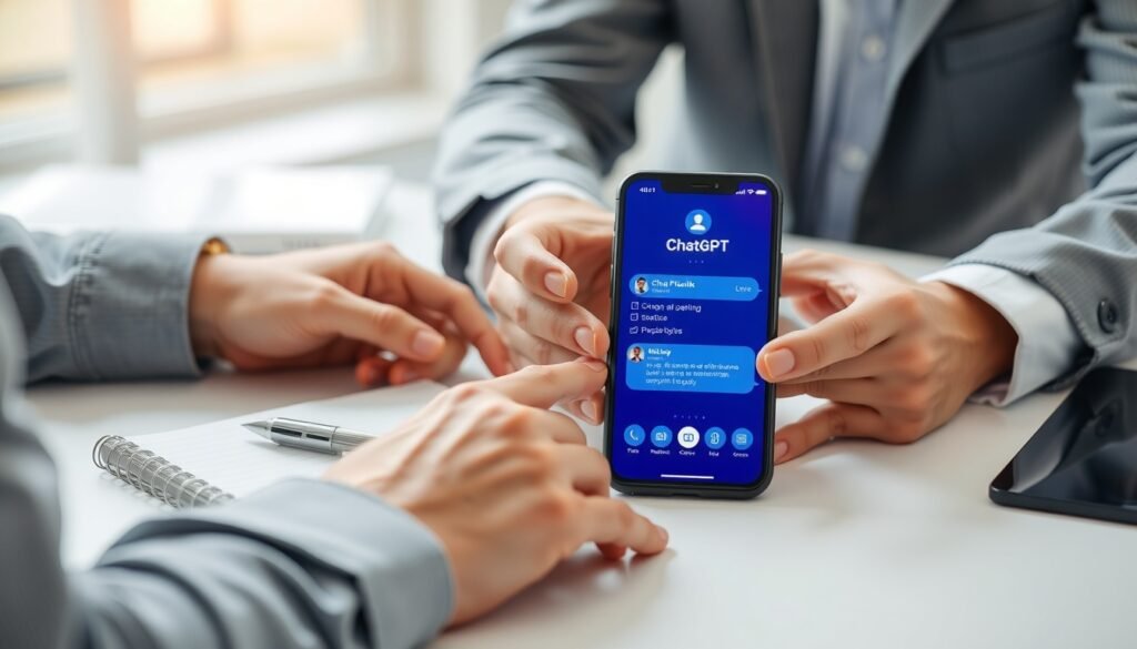 무료챗gpt GPT - flat lay of smartphone showing ChatGPT free interface on white desk with notebook and pen, AI productivity concept