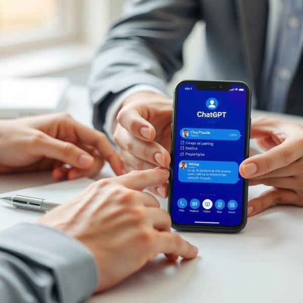 무료챗gpt GPT - flat lay of smartphone showing ChatGPT free interface on white desk with notebook and pen, AI productivity concept