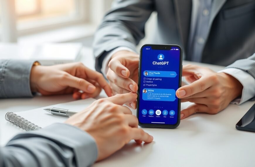 무료챗gpt GPT - flat lay of smartphone showing ChatGPT free interface on white desk with notebook and pen, AI productivity concept