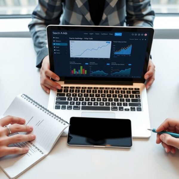 검색광고마케터1급 - flat lay of digital marketing study materials, laptop showing search ad dashboard, notebook and pen on white desk, search advertising marketer certification concept