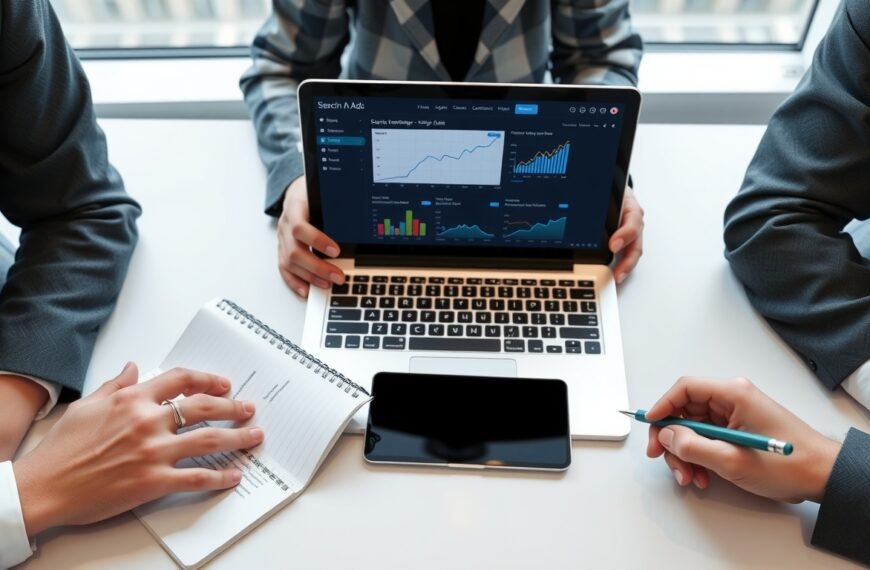 검색광고마케터1급 - flat lay of digital marketing study materials, laptop showing search ad dashboard, notebook and pen on white desk, search advertising marketer certification concept