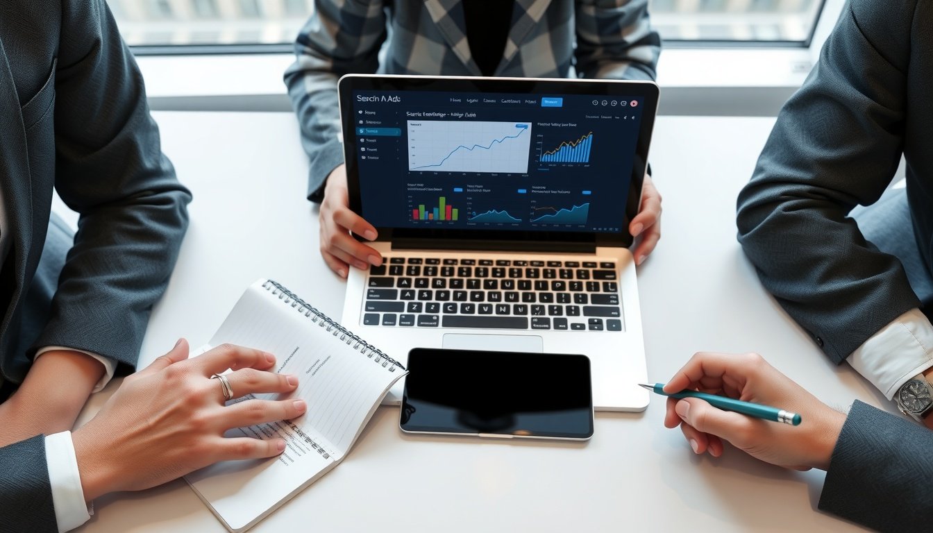 검색광고마케터1급 - flat lay of digital marketing study materials, laptop showing search ad dashboard, notebook and pen on white desk, search advertising marketer certification concept