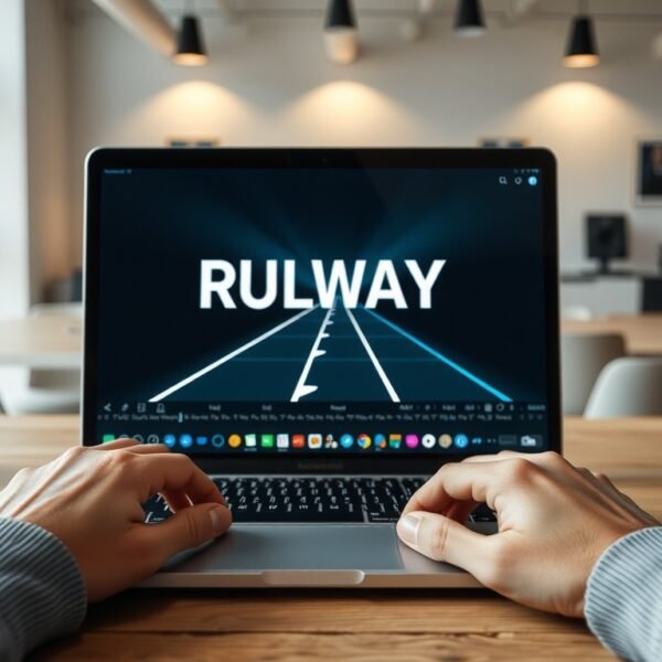 Runway ML - flat lay of laptop screen showing Runway ML AI video generation interface, creative workspace concept