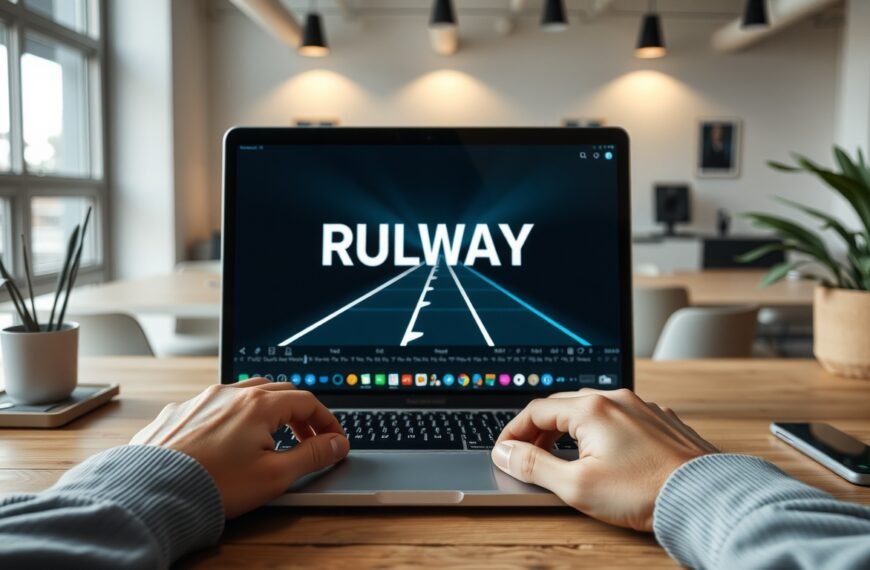 Runway ML - flat lay of laptop screen showing Runway ML AI video generation interface, creative workspace concept