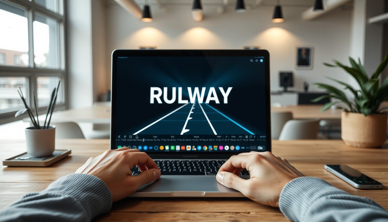 Runway ML - flat lay of laptop screen showing Runway ML AI video generation interface, creative workspace concept