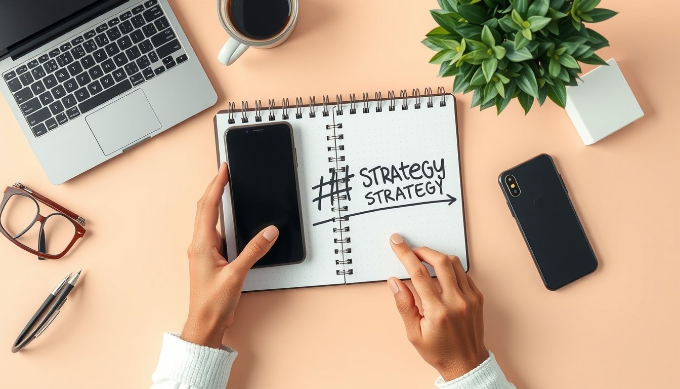 인스타 해시태그 - flat lay of notebook with handwritten instagram hashtag strategy plan, smartphone and pen on pastel background, overhead view