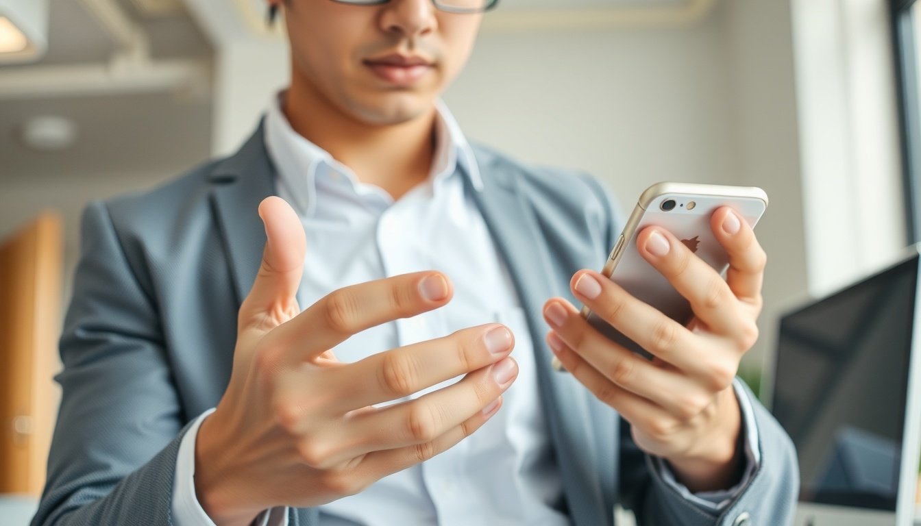 소득공제용 연금저축 - Korean man upper body shot with face visible, using smartphone app for pension savings account registration, natural hands, bright office background