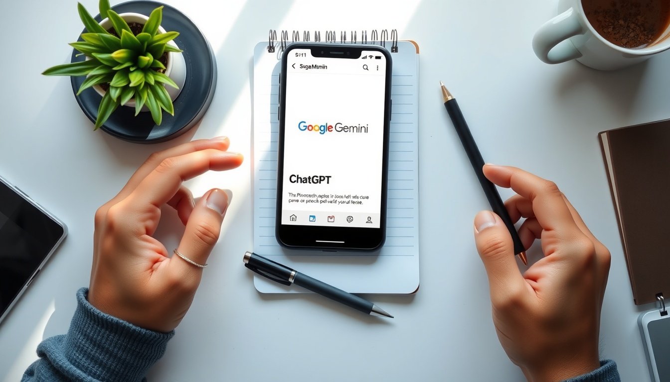 구글챗GPT 직장인 부업 활용법 - flat lay of smartphone showing Google Gemini and ChatGPT apps on white desk with notebook and pen, AI tools for side income concept, overhead view