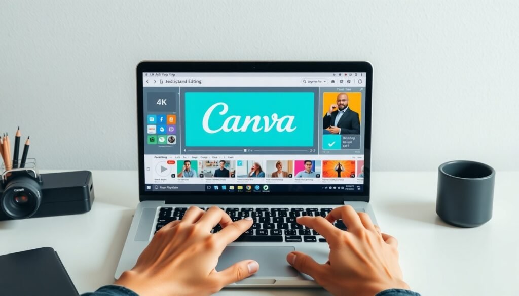 캔바 사용법 동영상 - flat lay of laptop screen showing Canva video editing interface with colorful design elements on white desk, canva tutorial concept