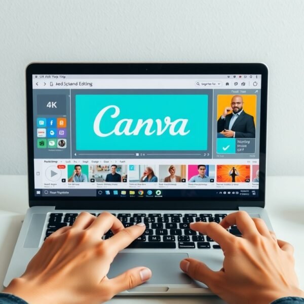 캔바 사용법 동영상 - flat lay of laptop screen showing Canva video editing interface with colorful design elements on white desk, canva tutorial concept