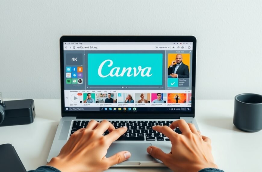 캔바 사용법 동영상 - flat lay of laptop screen showing Canva video editing interface with colorful design elements on white desk, canva tutorial concept