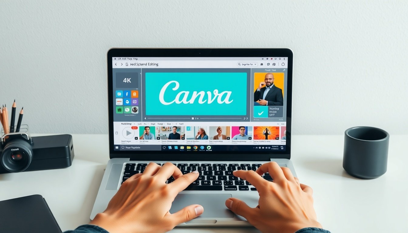 캔바 사용법 동영상 - flat lay of laptop screen showing Canva video editing interface with colorful design elements on white desk, canva tutorial concept