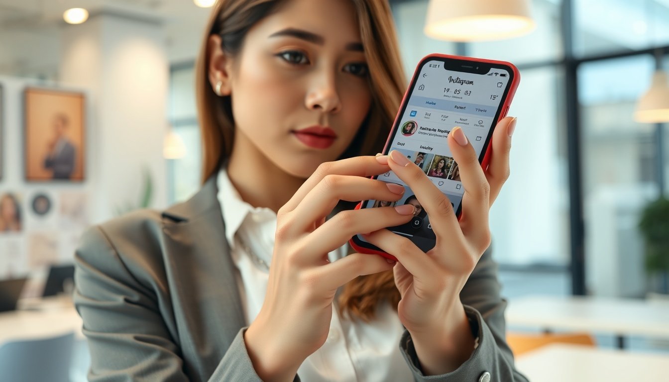 인스타 스토리 - Korean woman upper body shot with face visible, analyzing Instagram insights on smartphone, natural hands, bright modern office background