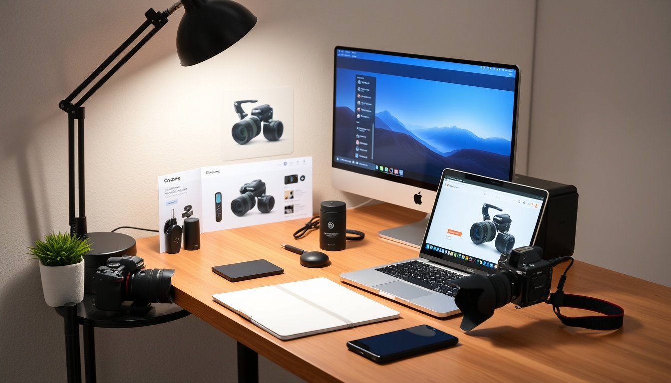 Blogger creating product review content with Coupang items on desk with camera and notebook