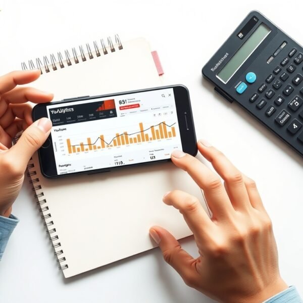 유튜브수익계산기 - flat lay of smartphone showing YouTube analytics dashboard with notebook and calculator on white desk, youtube revenue calculator concept