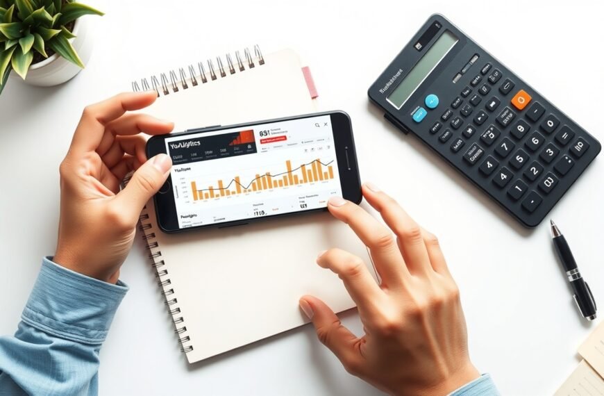 유튜브수익계산기 - flat lay of smartphone showing YouTube analytics dashboard with notebook and calculator on white desk, youtube revenue calculator concept