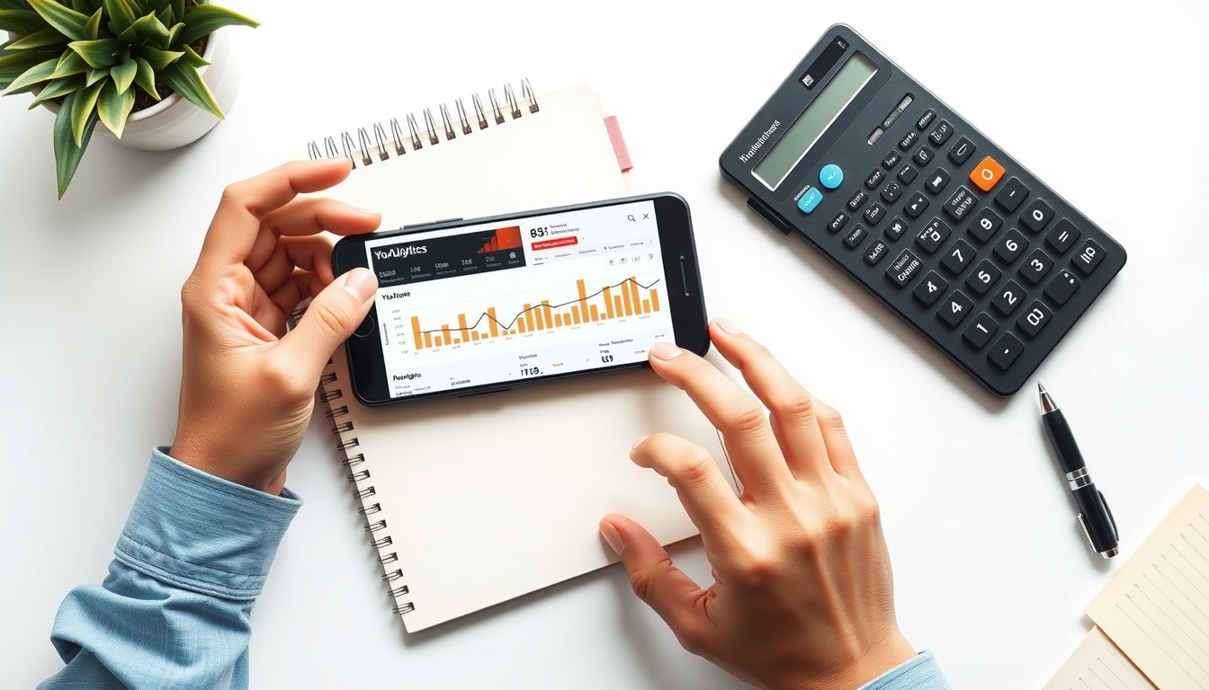 유튜브수익계산기 - flat lay of smartphone showing YouTube analytics dashboard with notebook and calculator on white desk, youtube revenue calculator concept