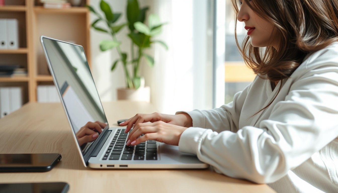 챗지피티 무료버전 - Korean woman upper body shot with face visible, typing on laptop using ChatGPT free version, natural hands, bright home office setting