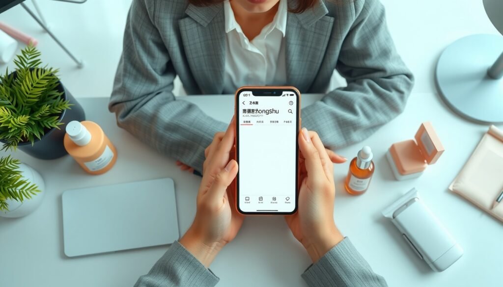 샤오홍슈 - flat lay of smartphone displaying Xiaohongshu app interface on white desk with Korean beauty products surrounding it, SNS marketing concept