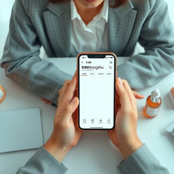 샤오홍슈 - flat lay of smartphone displaying Xiaohongshu app interface on white desk with Korean beauty products surrounding it, SNS marketing concept