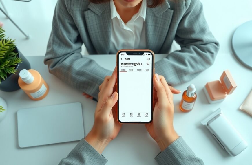 샤오홍슈 - flat lay of smartphone displaying Xiaohongshu app interface on white desk with Korean beauty products surrounding it, SNS marketing concept