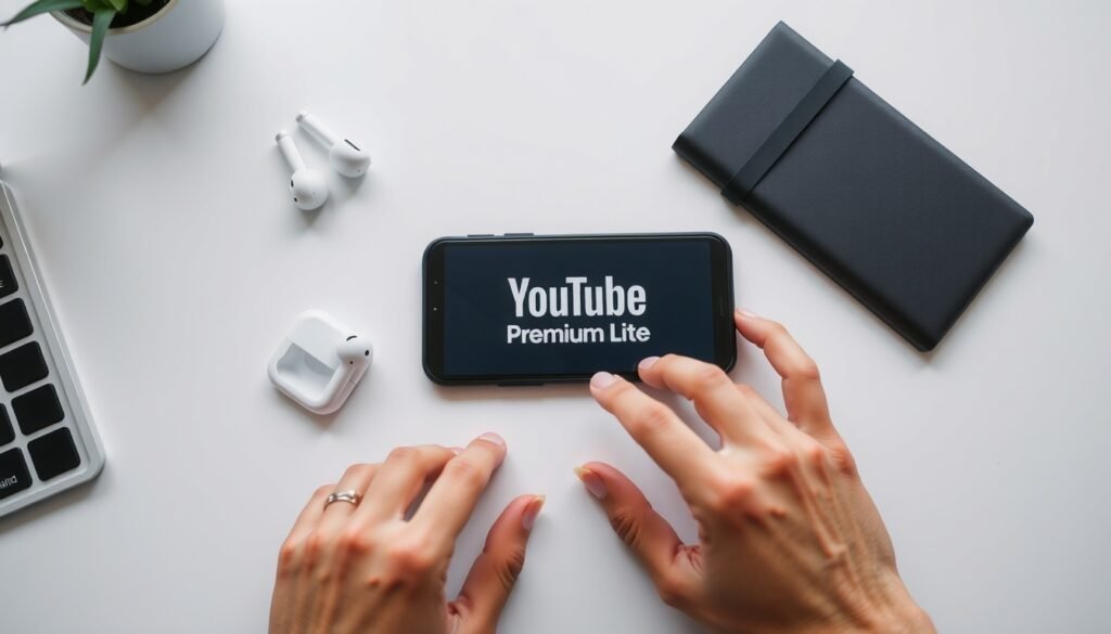 유튜브프리미엄라이트 - flat lay of smartphone displaying YouTube Premium Lite logo on white desk with wireless earphones and notebook