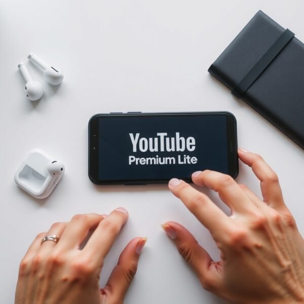 유튜브프리미엄라이트 - flat lay of smartphone displaying YouTube Premium Lite logo on white desk with wireless earphones and notebook