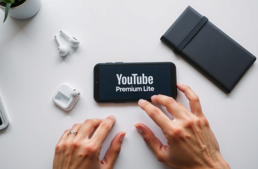 유튜브프리미엄라이트 - flat lay of smartphone displaying YouTube Premium Lite logo on white desk with wireless earphones and notebook