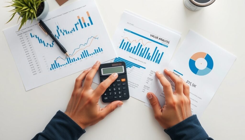 가치투자연구소 - flat lay of financial analysis documents, stock charts, and calculator on white desk, value investing research concept