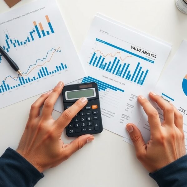 가치투자연구소 - flat lay of financial analysis documents, stock charts, and calculator on white desk, value investing research concept