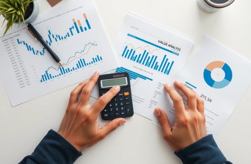 가치투자연구소 - flat lay of financial analysis documents, stock charts, and calculator on white desk, value investing research concept