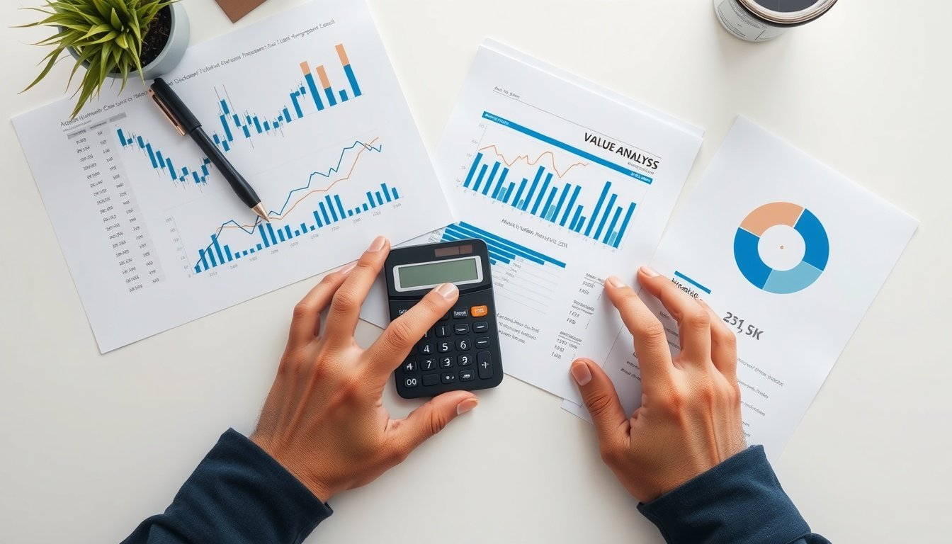 가치투자연구소 - flat lay of financial analysis documents, stock charts, and calculator on white desk, value investing research concept